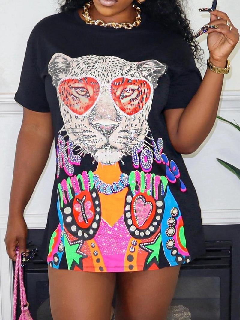 Women's Leopard Print Round Neck Tee Dress, Fashion Casual Boho Fashion Short Sleeve T-shirt Dress for Daily Outdoor Wear, Ladies Dress for Summer