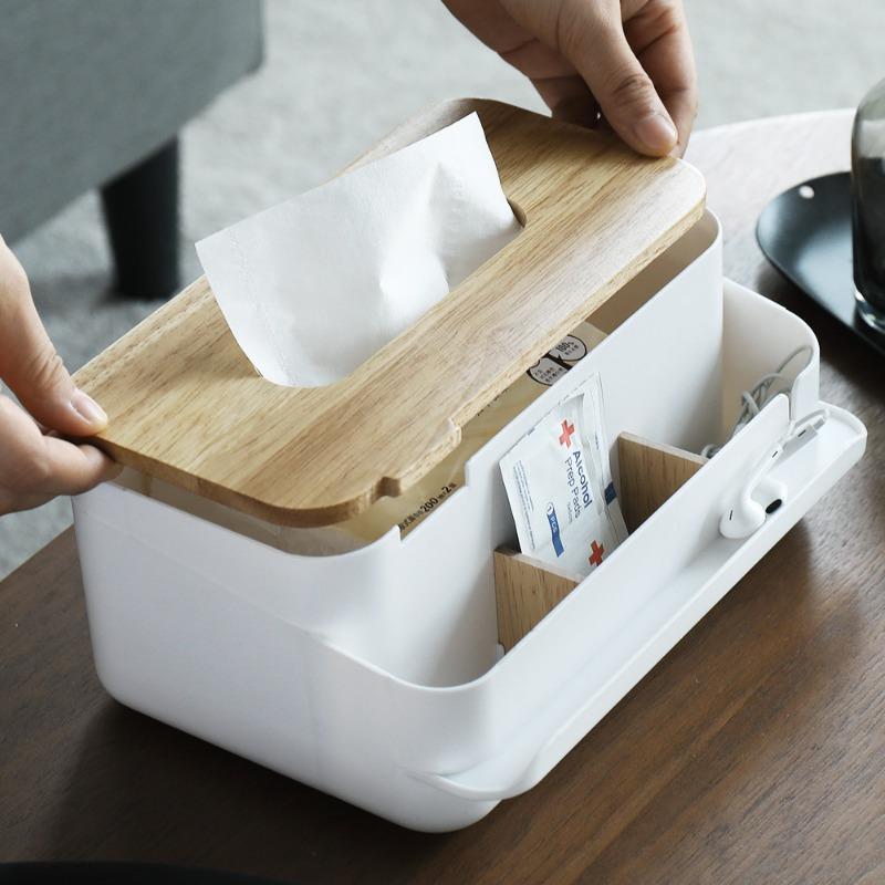 1pc Multifunctional Wooden Tissue Box with Lid - 3-Compartment Organizer for Tissue Paper, Napkins, and Small Items, Durable Plastic Construction, Ideal For Living Room And Bedroom Storage, Tissue Box For Bathroom, Bedroom Organization