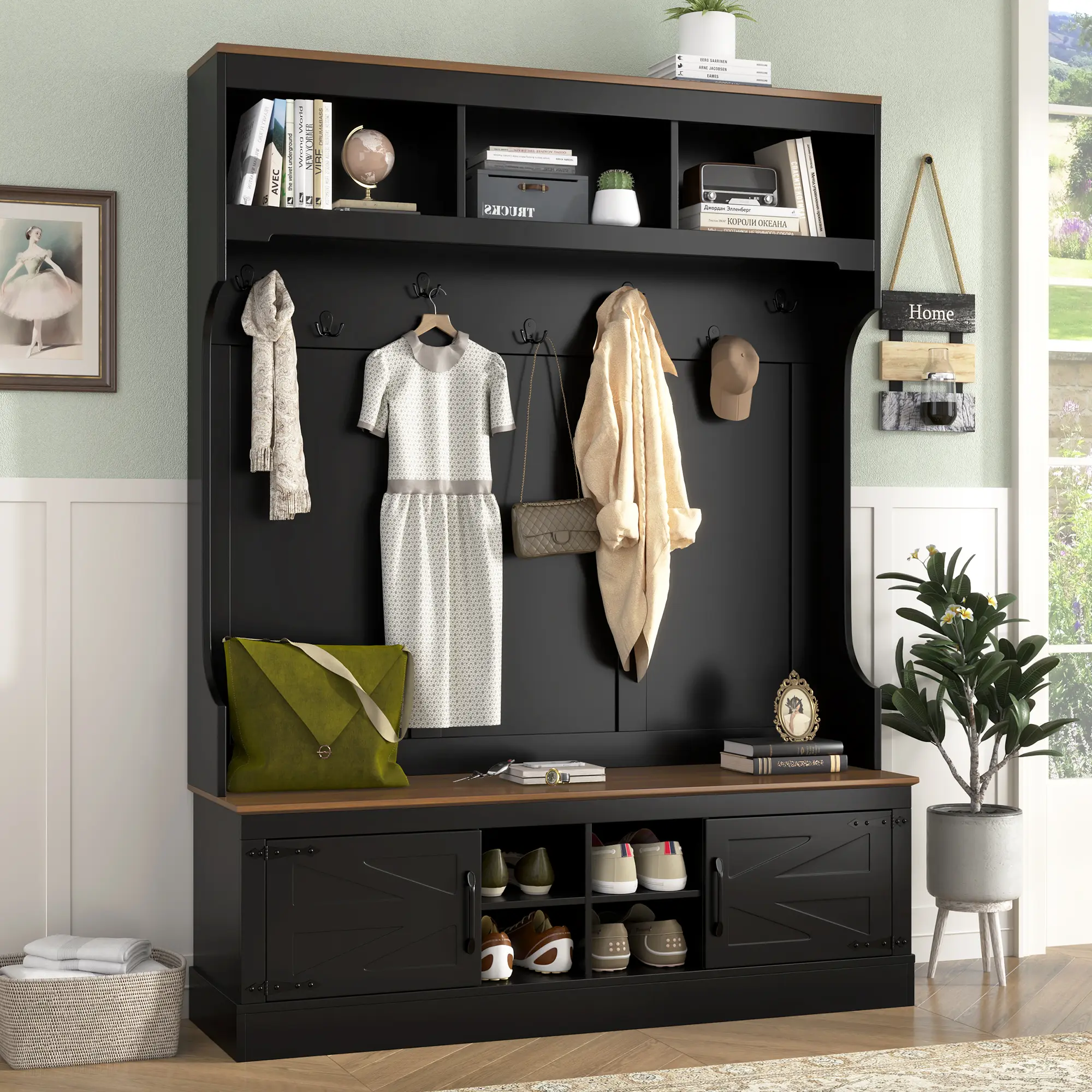 ARCH 71-Inch Tall Farmhouse Hall Tree with Bench and Shoe Storage, 5-in-1 Entryway Organizer with Coat Rack, 7 Hooks, 4 Shoe Cubbies, Particle Board and MDF, Black, for Hallway, Entryway, Living Room, Mudroom, Black Color Options, Particle Board+MDF