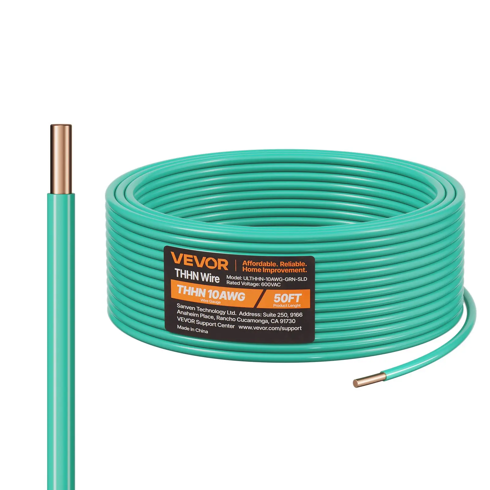 【toolupgrade】VEVOR 10 AWG Solid THHN Wire, 100 OFC Copper Electrical Building Wire with Nylon Jacket PVC Insulation, Rated for Up to 600 Volts, Heavy-Duty for Residential, Industrial, Commercial, Green (50 Feet)