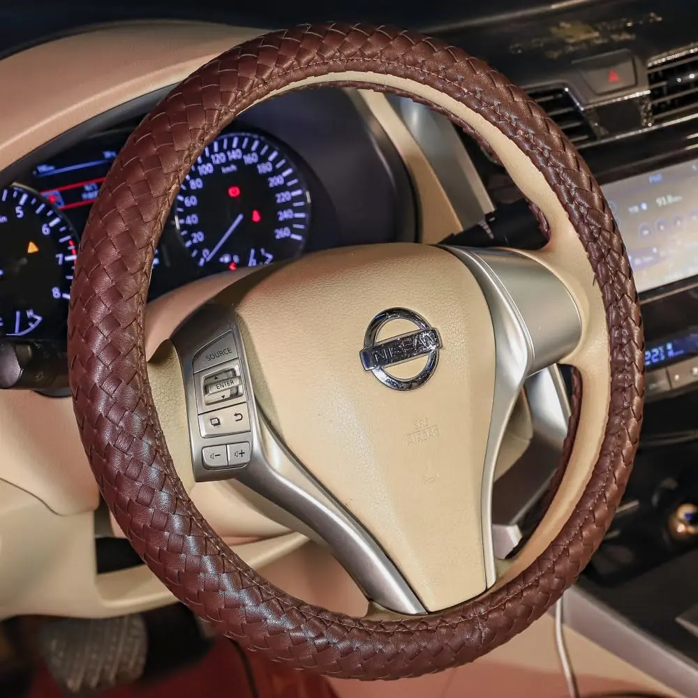 Carwales Men's Elegant Leather Steering Wheel Cover - Hand-Made Woven Wrap, Anti-Slip Breathable Grip, Sweat-Absorbent, Comfortable Hand Feel, Durable, Universal Fit for 14.5-15 in Wheels, Car Interior Accessory