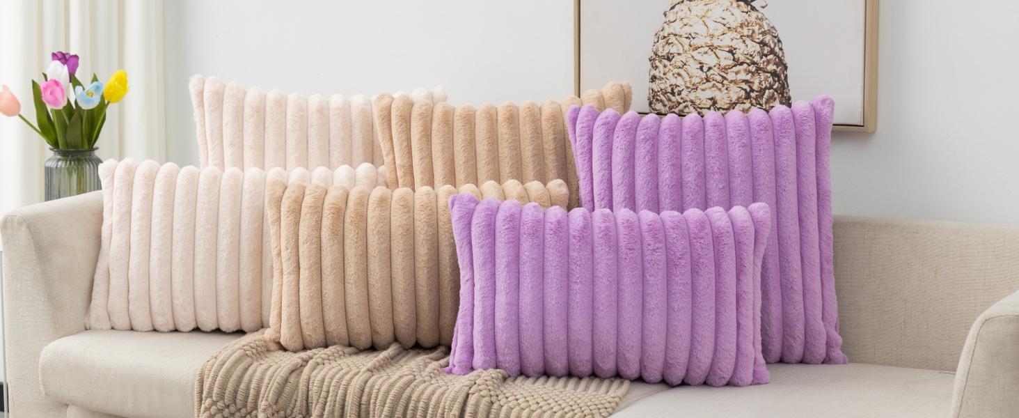 Set of 2 Dark Grey Faux Fur Decorative Throw Pillow Covers Striped Pillowcase Cushion Covers 18 x 18 Inch Sofa Couch Bedroom