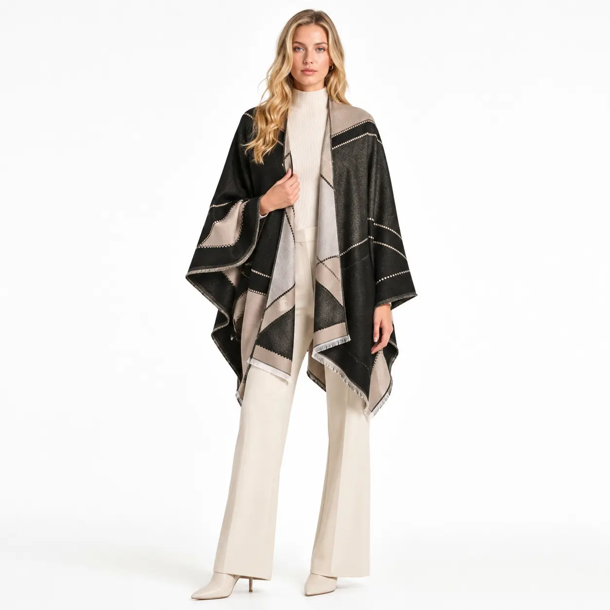 Women's Soft Polyester Fringed Oversized Shawl Scarf - Warm, Thick, Thermal, Elegant Practical Fashion Accessory for Females, Winter Every Day Casual Wear, Versatile for Multiple Wearing Ways