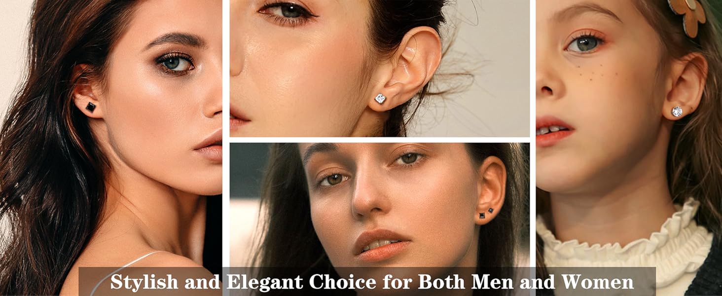 BESTEEL Hypoallergenic CZ Black Stud Earrings for Men & Women - Stainless Steel studearrings, Square Round Shape, Sensitive Ear Jewelry Set, Model 3-8MM accessories men