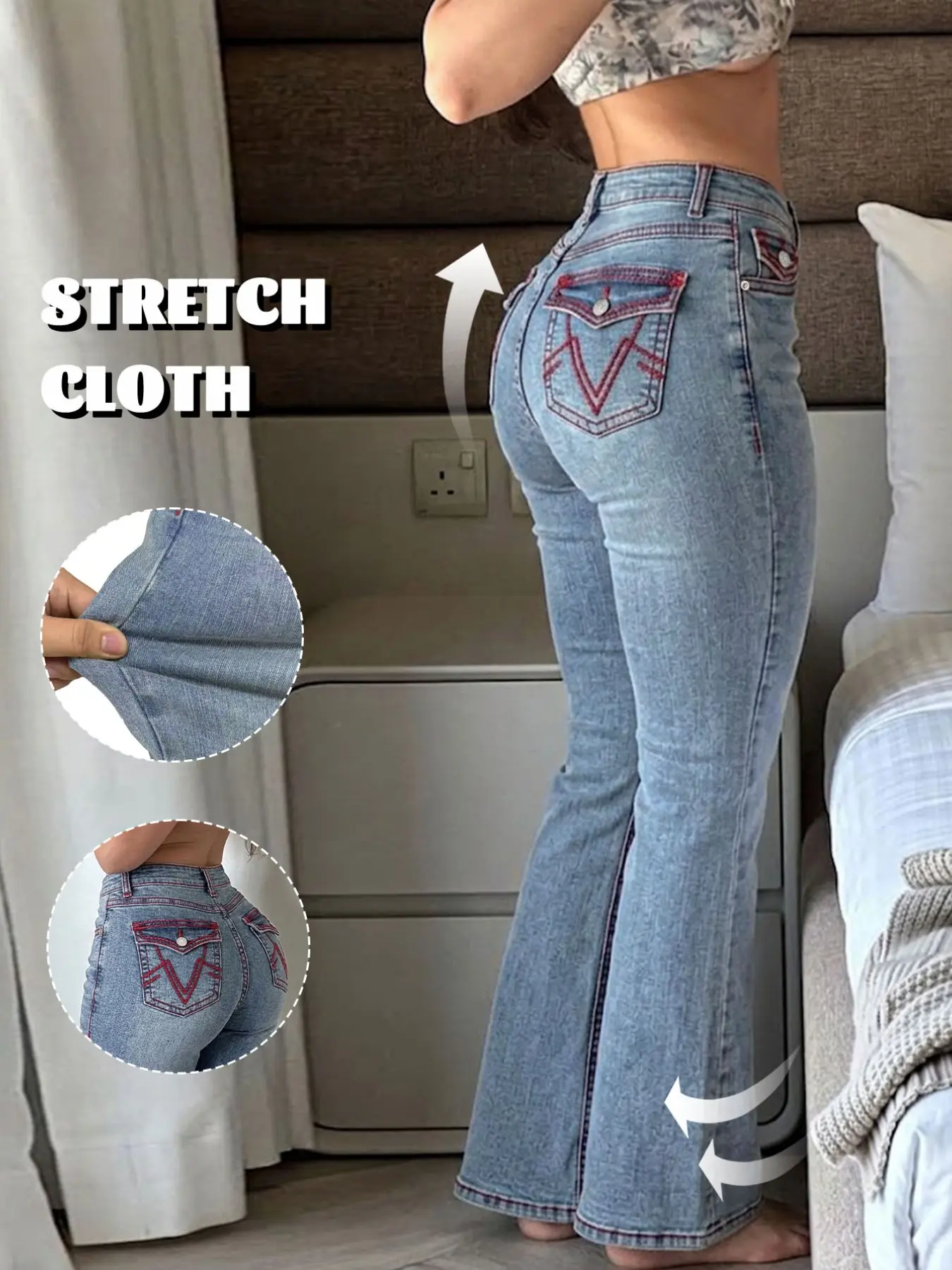 GILIPUR1 High-Waisted Slight-Bootcut Jeans – American Street-Style Stretch Slim-Fit Pants with V-Shaped Back Pocket Embroidery (Women's Casual Wear) – TChic