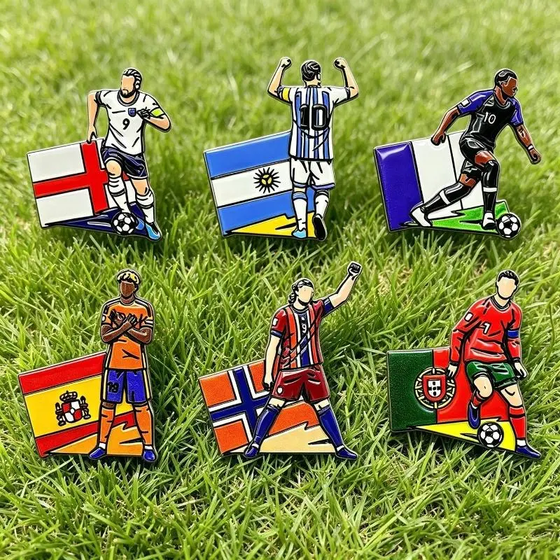 1pcs 2026 USA-Canada-Mexico Metal Cartoon Football Pin Badge, Unisex Soccer Player Souvenir Brooch for Collectors, DIY Decoration for Clothes, Bags, Hats
