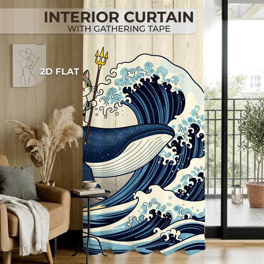 2Pcs Japanese Style Cat Whale Wave Pattern Sun Blocking Curtains Digital Printed Rod Pocket for Bedroom Office Kitchen Living Room Study Home Decor Soft Light Filter Easy Installation
