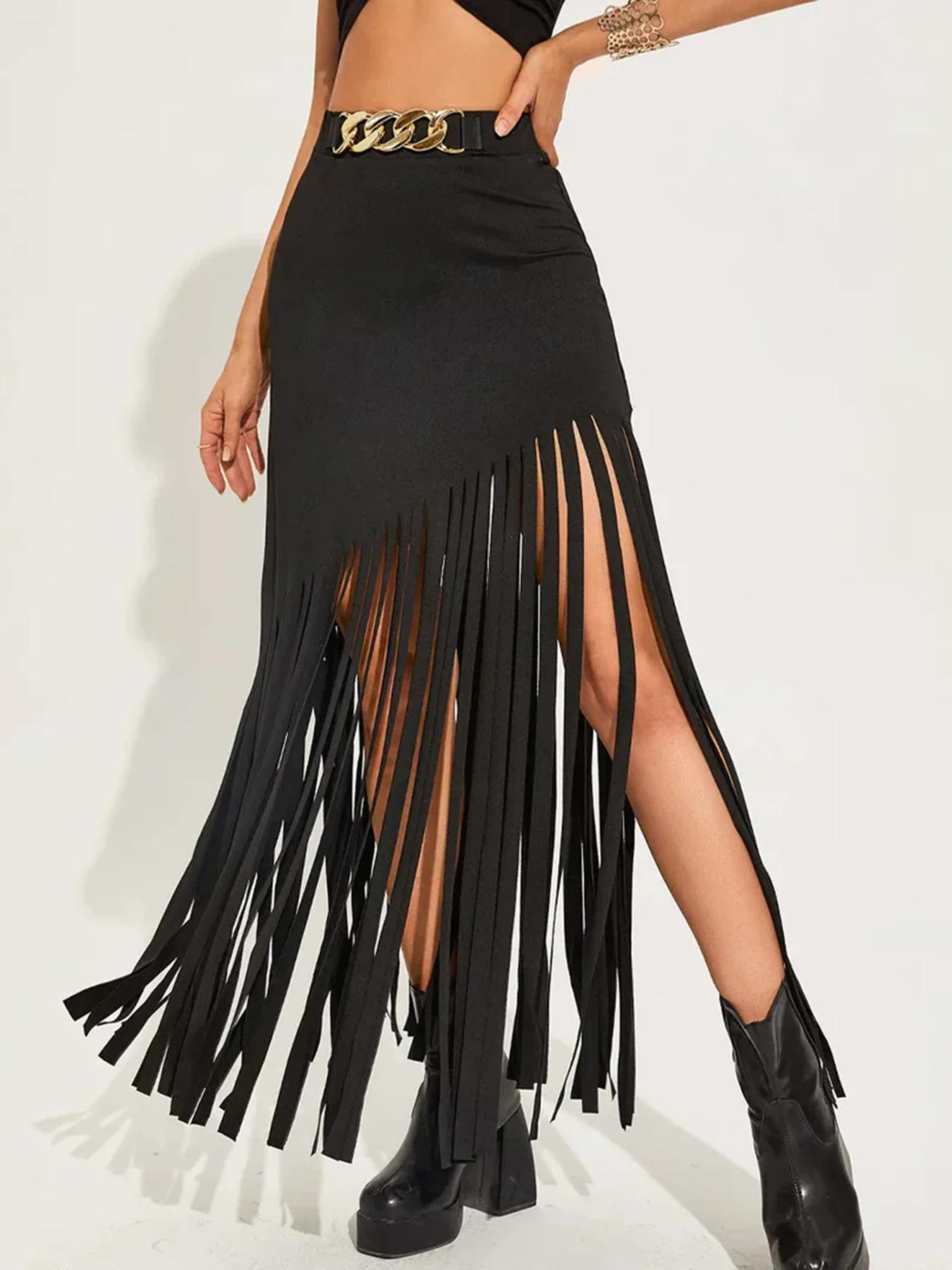 Women's Solid Color Fitted Fringe Trim Skirt, Fashionable Long Skirt for Party Club Dating Wear, Women's Bottoms for Summer