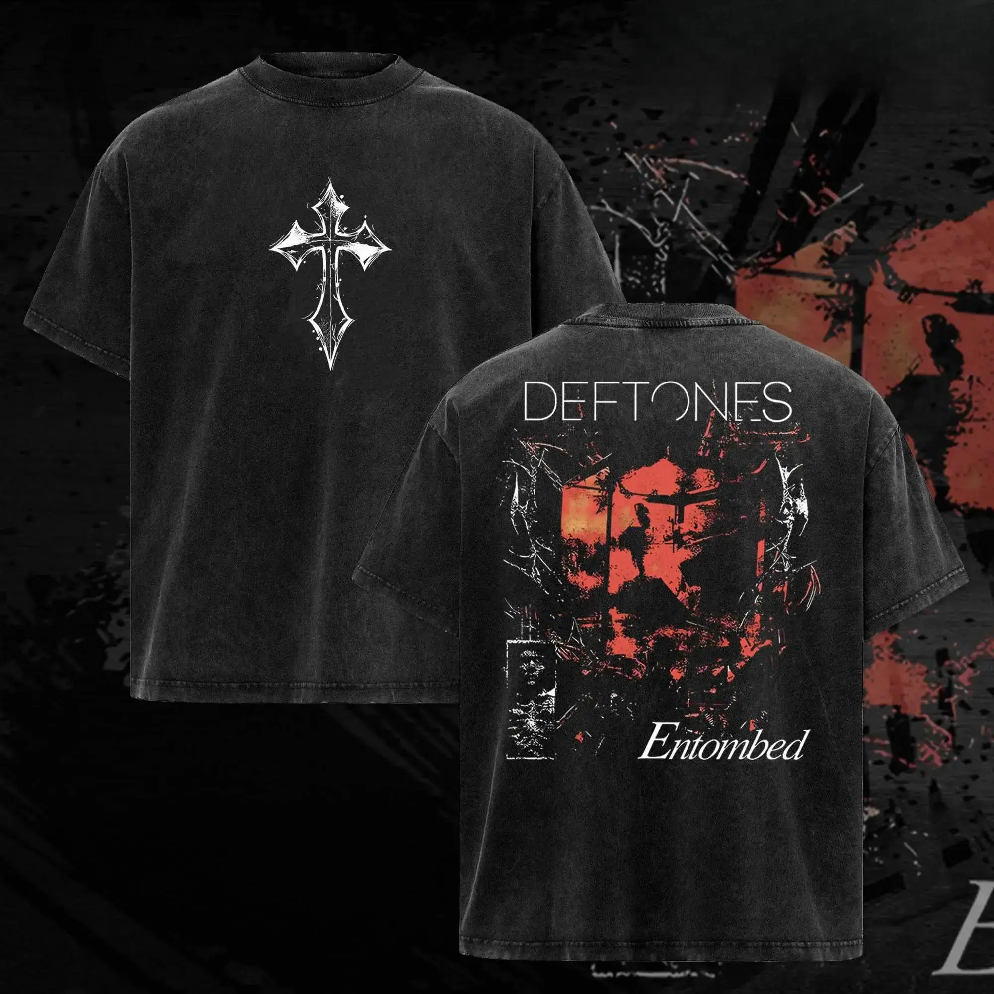 Retro Limited Deftones Entombed Washed Cotton Graphic Tee Classic 90s Grunge Aesthetic Heavy Metal Rock Band Merch Vintage Alternative Tour Short Sleeve Unisex Casual Streetwear Top Ideal Rock Fan Daily Wear Gift