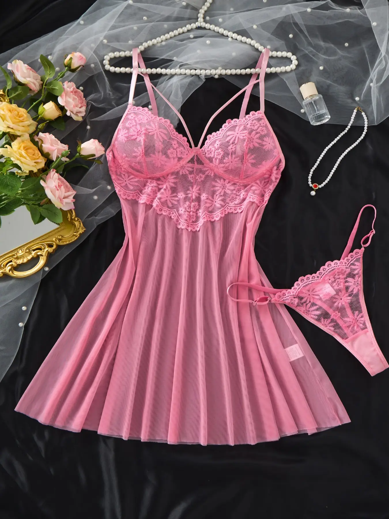Women's French Lace Sleepwear Set, Semi-Transparent Sexy Nightgown Gifts, Soft Comfortable Intimate, Lace Sleep Dress, All Seasons Lingerie Za825096