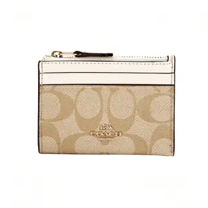 Coach Skinny 11 Monogram Coated Canvas and Leather Cardholder Clutch Bag for Women, Minimalist Style in White and Khaki