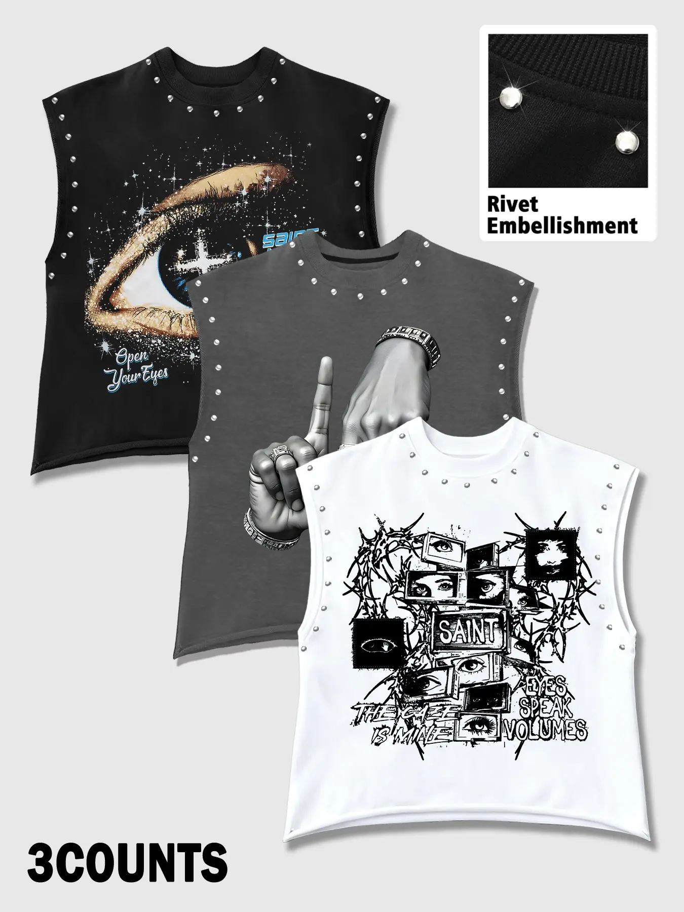 Men's Casual 3-Piece Vest Set, Menswear Graphic Print Sleeveless Rivet Design, Loose Fit, Ideal for Daily Wear and Gym, Casual Gym Vests, Comfortable and Stylish