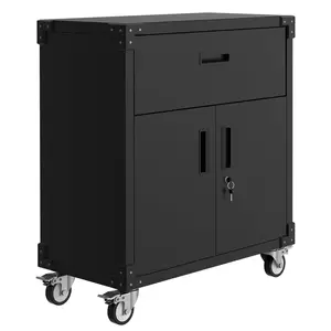 Metal Storage Cabinet with 2 Doors and Drawer, Locking Garage Cabinets with Adjustable Shelves, Storage Locker Rolling Tool Cabinet