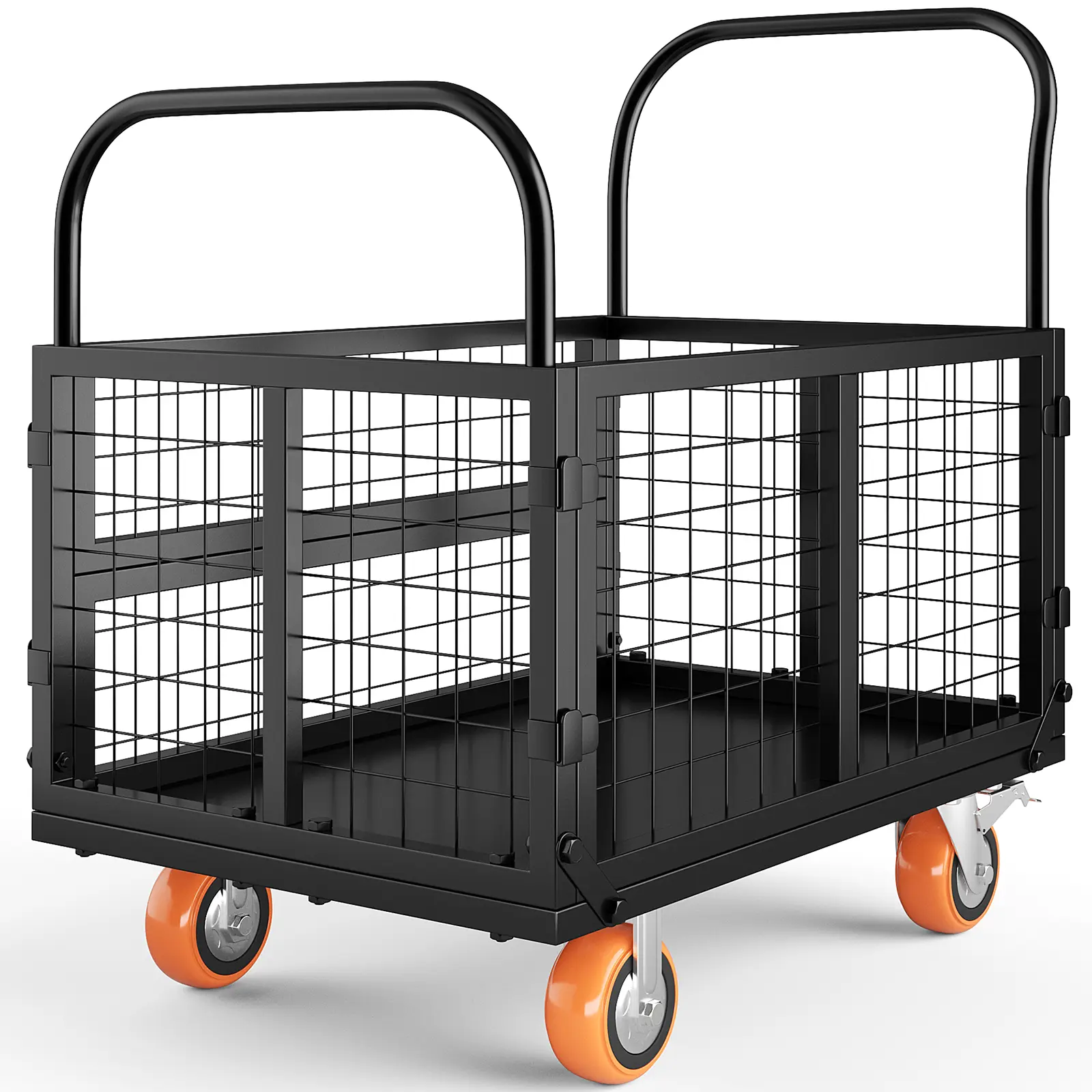 Heavy Duty Folding Flatbed Platform Dolly Cart with Detachable Mesh Side Panels, 1800 Lbs Load Capacity & Lockable Wheels, Multi-Purpose Utility Truck for Warehouse, Garage, Grocery & Laundry