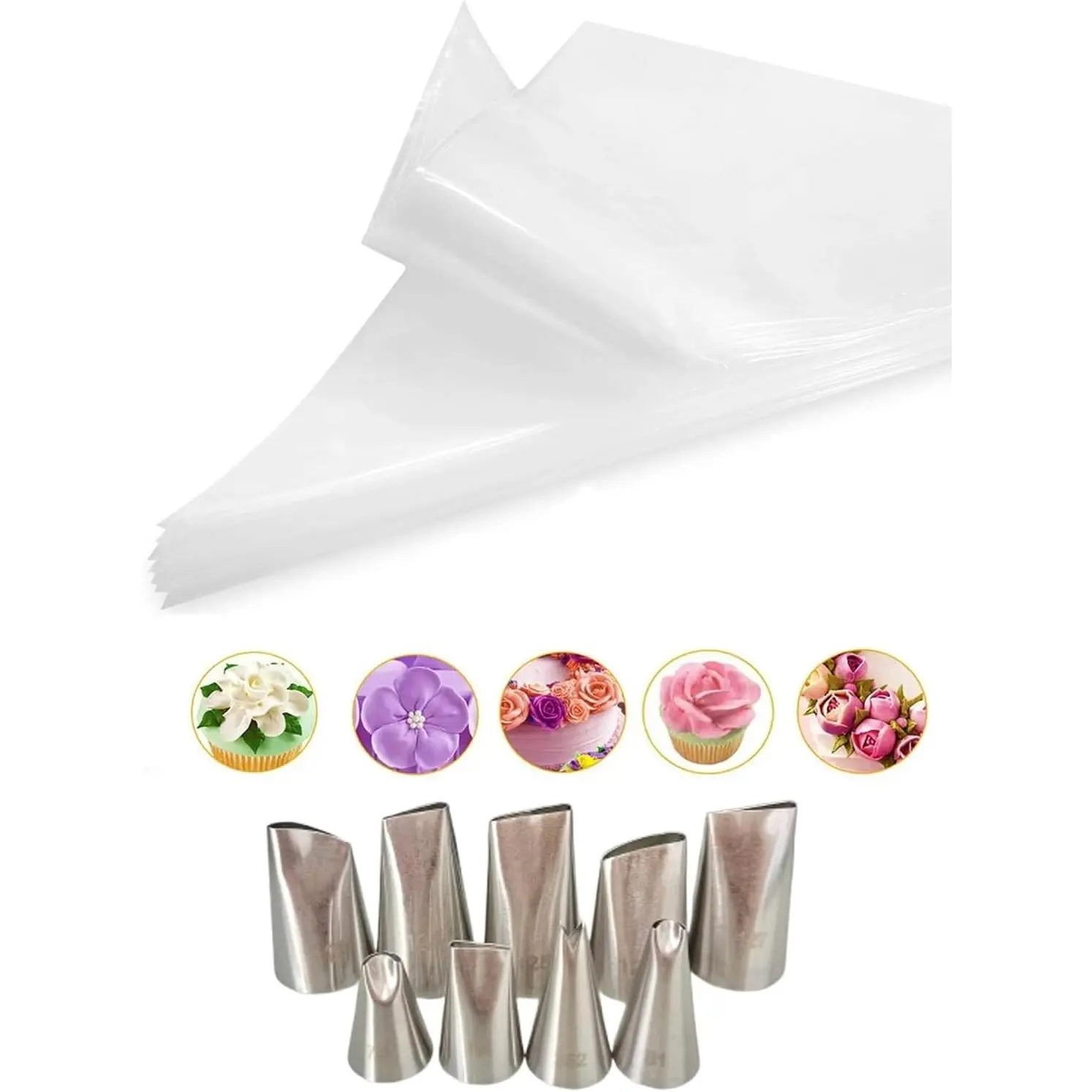 Flower & Leaf Piping Tips Set, 79, 81, 104, 123, 124, 125, 126, 127,352 Tip for Cake & Cupcake Decorating with 12-Inch Disposable Piping Bags