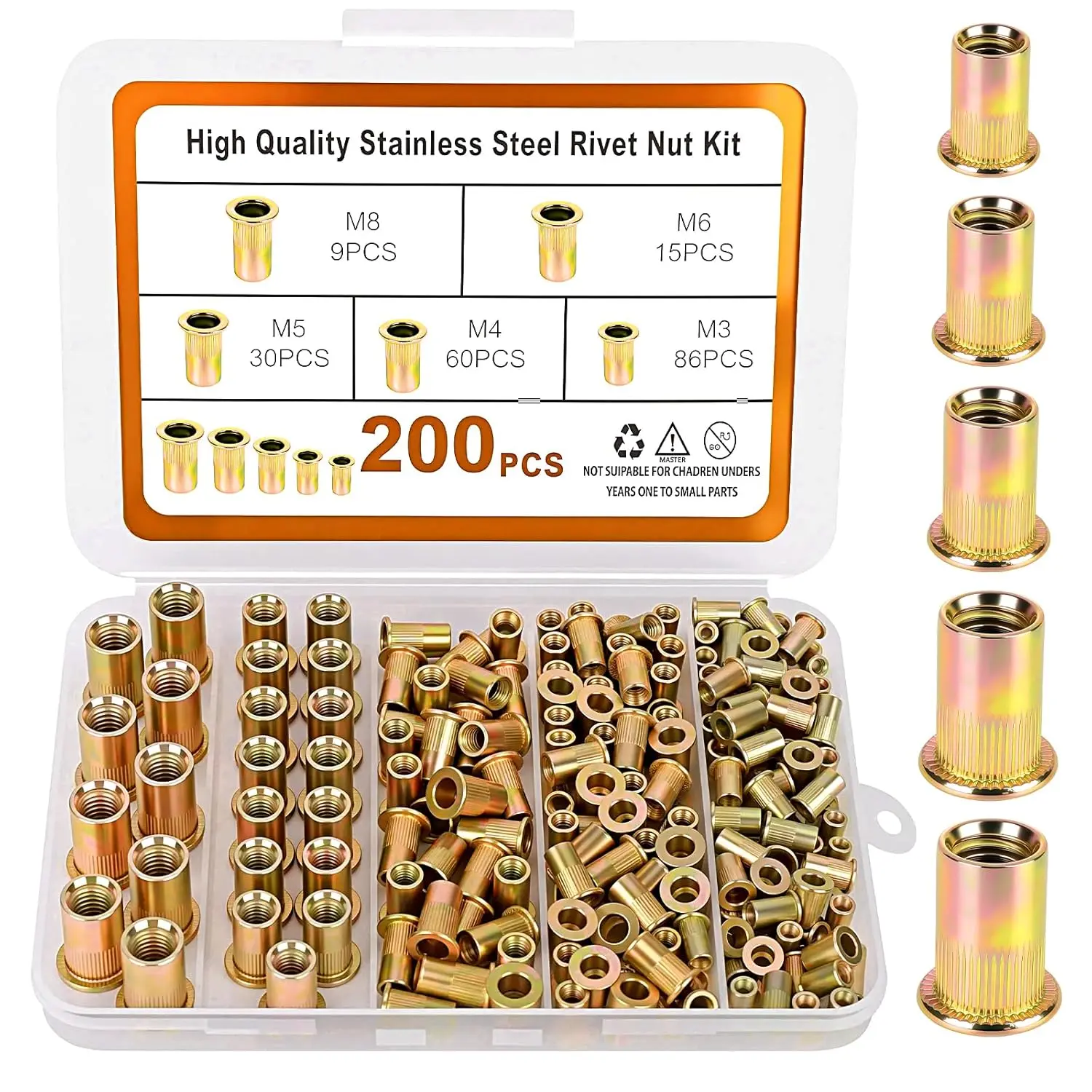 Rivet Nuts, 200Pcs Carbon Steel Zinc Plated Rivet Nut, Flat Head 1/4-20 Rivet Nut, Knurled Body Threaded Insert Rivnut Nutsert for Furniture, Automotive Mechanical Repair