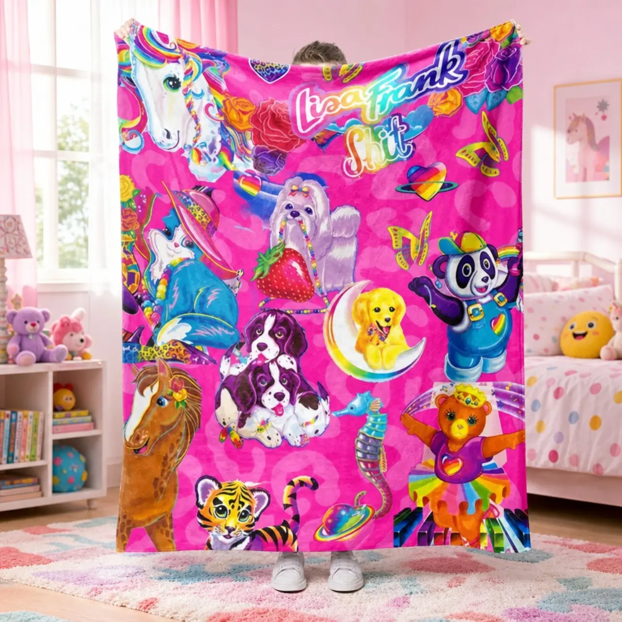 Lisa Frank Collage Character Print Fannel Throw Blanket Playful Colorful Design Lightweight Anti Pilling Fade Resistant Soft Warm Wrinkle Resistant Flat Weave Blanket For Home Relaxation Y2K Aesthetic Retro Cartoon Decor Nostalgia Gift