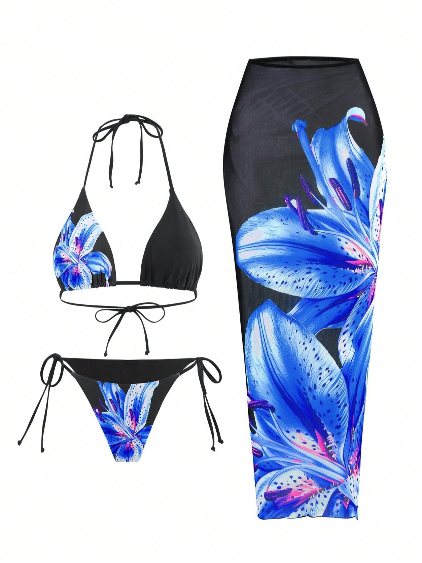 Women's Floral Print Halter Bikini Set, Tie Back Swim Bra & Tie Side Swim Panty & Cover Up Skirt Set, Swimming Swimwear Set for Beach Holiday Vacation, Y2k Bathing Suit, Floral Print Swimsuits, Summer Swimsuit Set