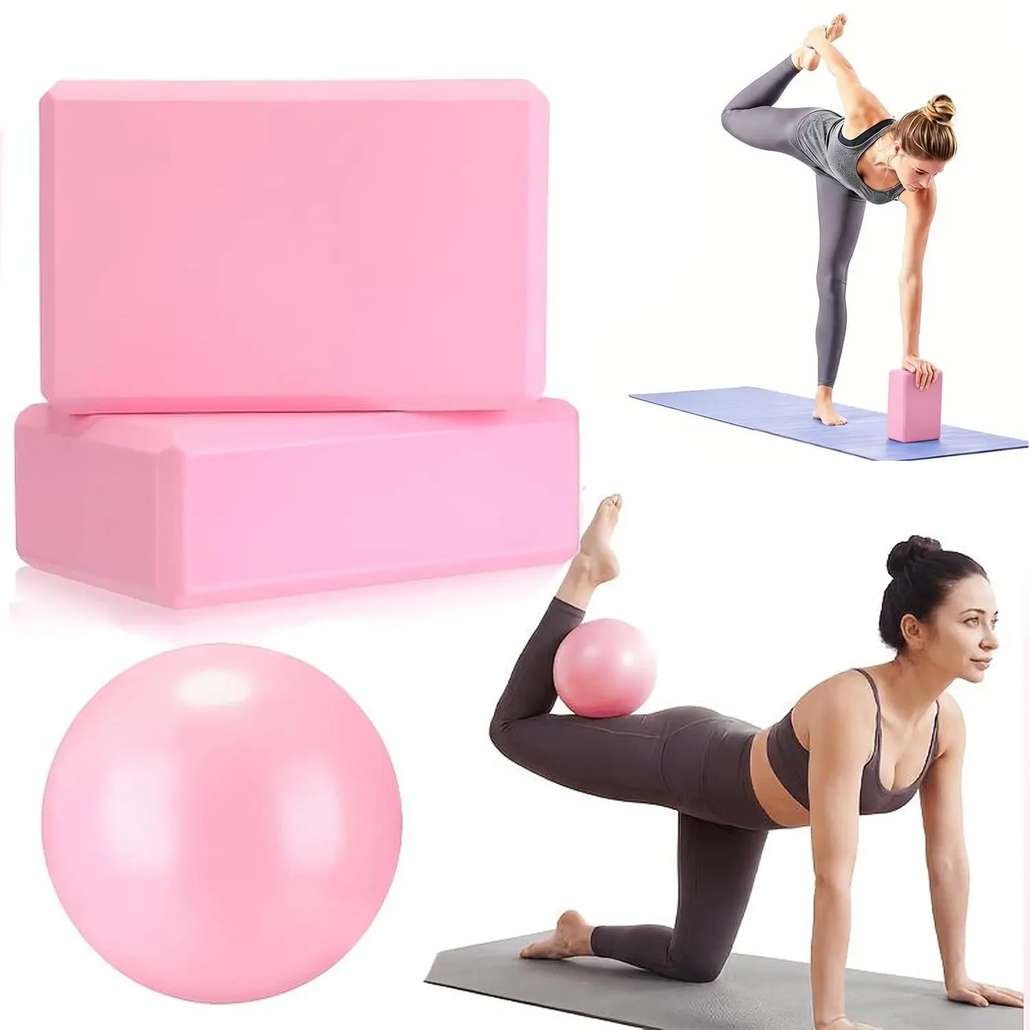 3-piece non-slip high-density foam yoga block and Pilates ball set, including 2 foam blocks and 1 ball, EVA high-density yoga blocks, PVC Pilates fitness ball, perfect for deep stretching, Pilates, and more, Pilates Essential Kit