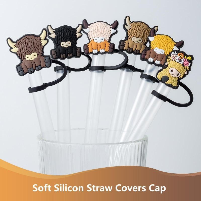 Cute Highland Cow Design Straw Cap, 6pcs Cartoon Straw Cover, Dustproof Straw Topper, Straw Protector for 30oz 40oz Tumbler Cup, Drinking Gadgets, Drink Protectors