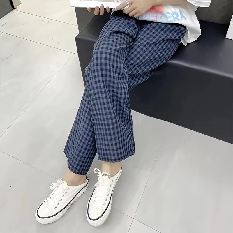 Women's Casual High-Waisted Plaid Loose Wide-Leg Pants, Sports & Outdoor Jogger Clothes