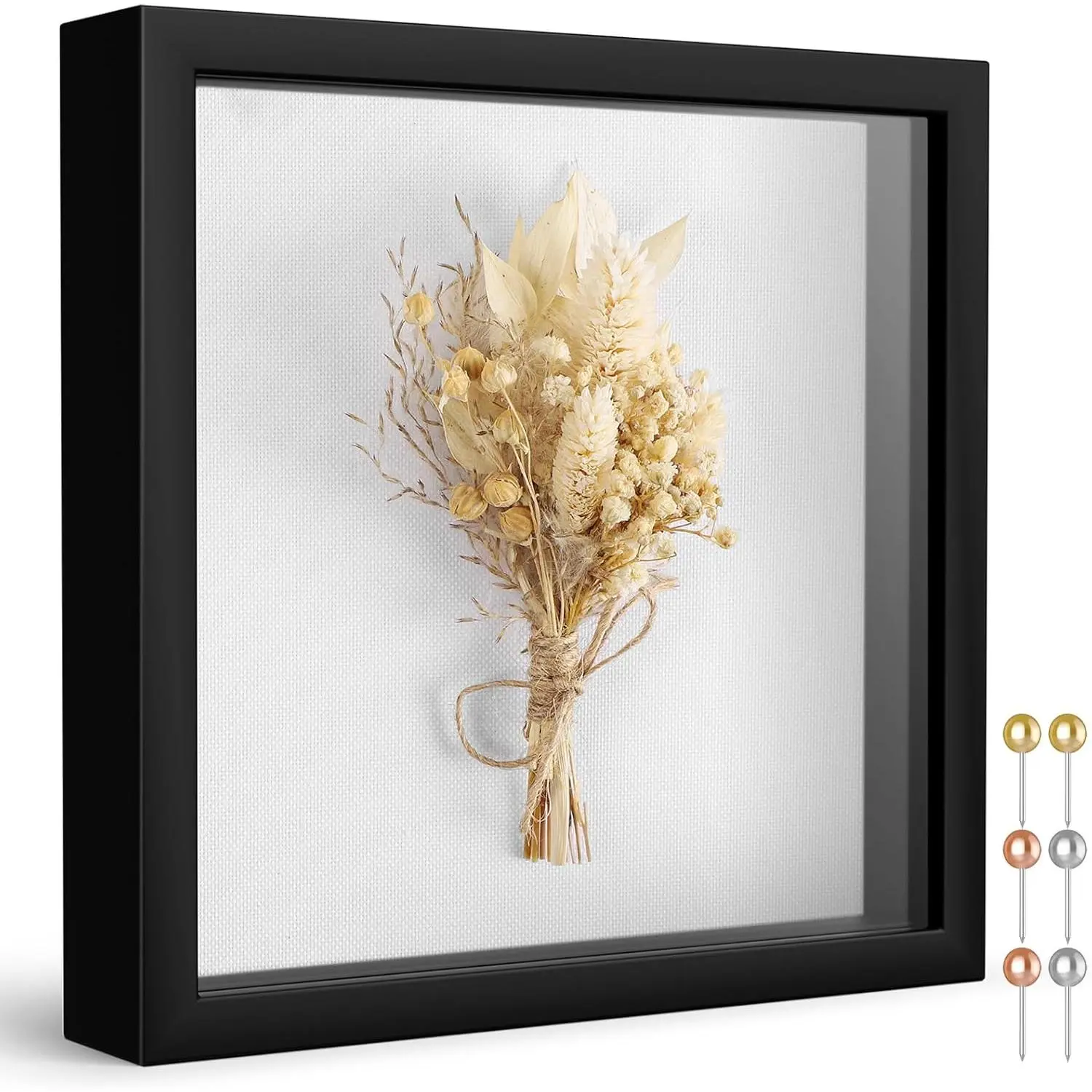 8x8 Shadow Box Frame with Soft Linen Back - Push Pins Included, Memory Box Display Case for Flower, Tickets and 3D Items, Black