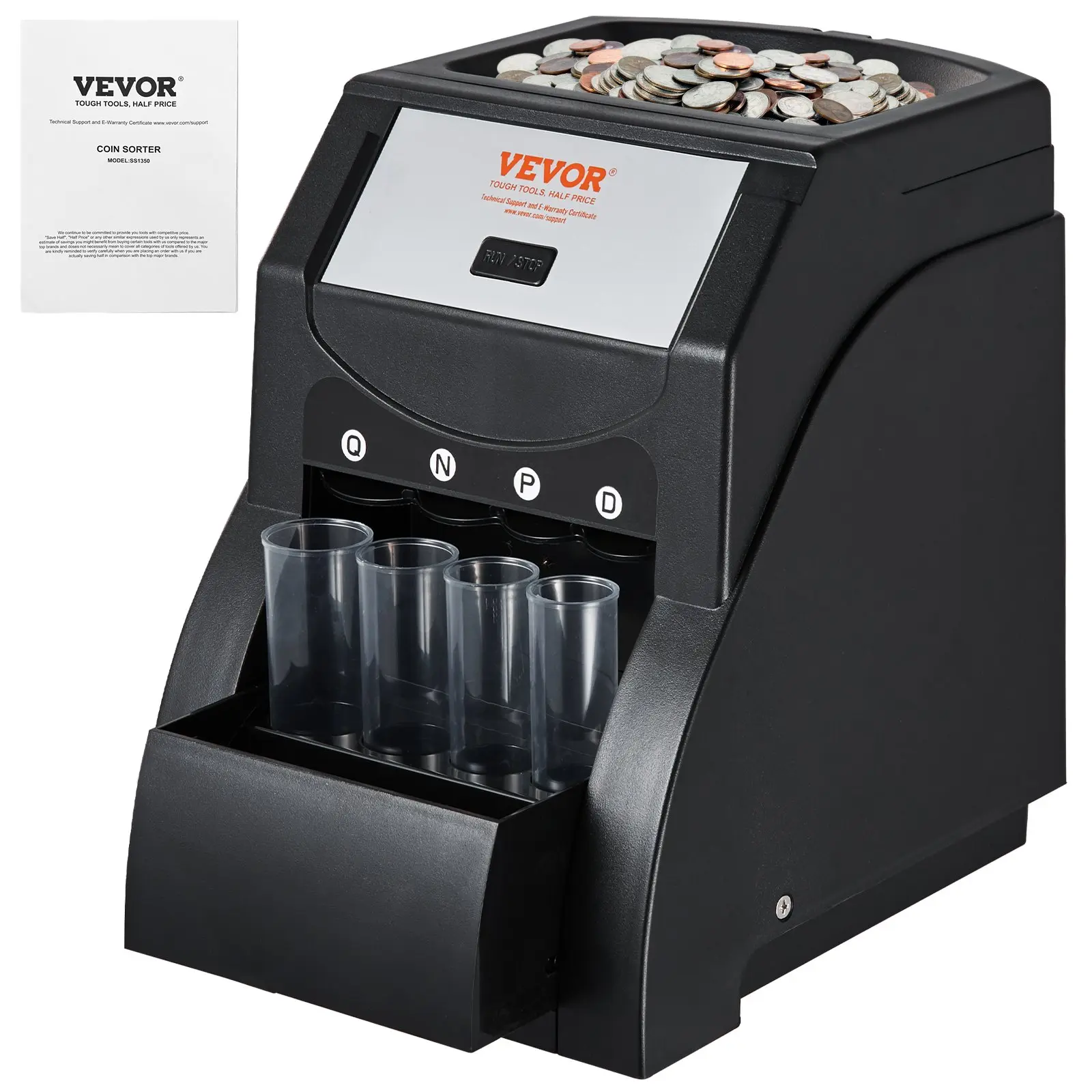 VEVOR USD Coin Sorter, Coin Sorter Machine for USD Coin 1￠ 5￠ 10￠ 25￠, Sorts up to 230 Coins/min, Coin Sorter and Wrapper Machine Holds 200 Coins Included 4 Coin Tubes, Black