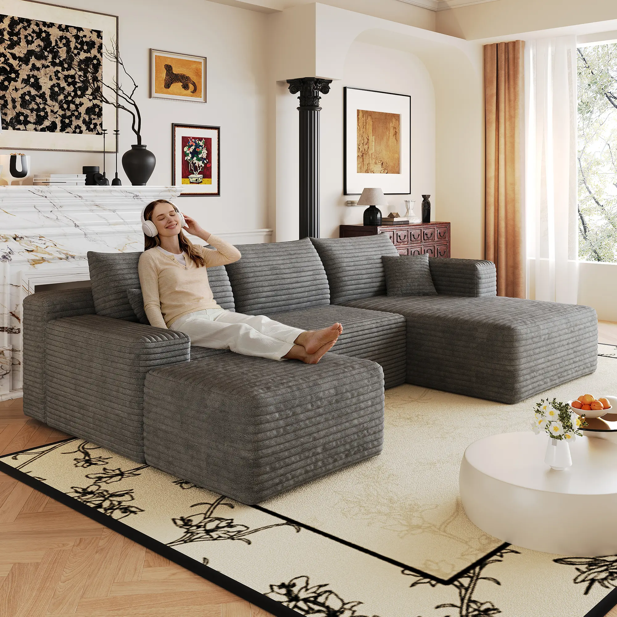 ARCH 103" L-Shaped Cloud Sectional Sofa, Modern Minimalist 4-Seat Deep Seat Corner Couch, Plush Corduroy Fabric, Foam-Filled, Dark Grey Indoor Living Room Furniture, No Assembly Required, L Shaped Couch