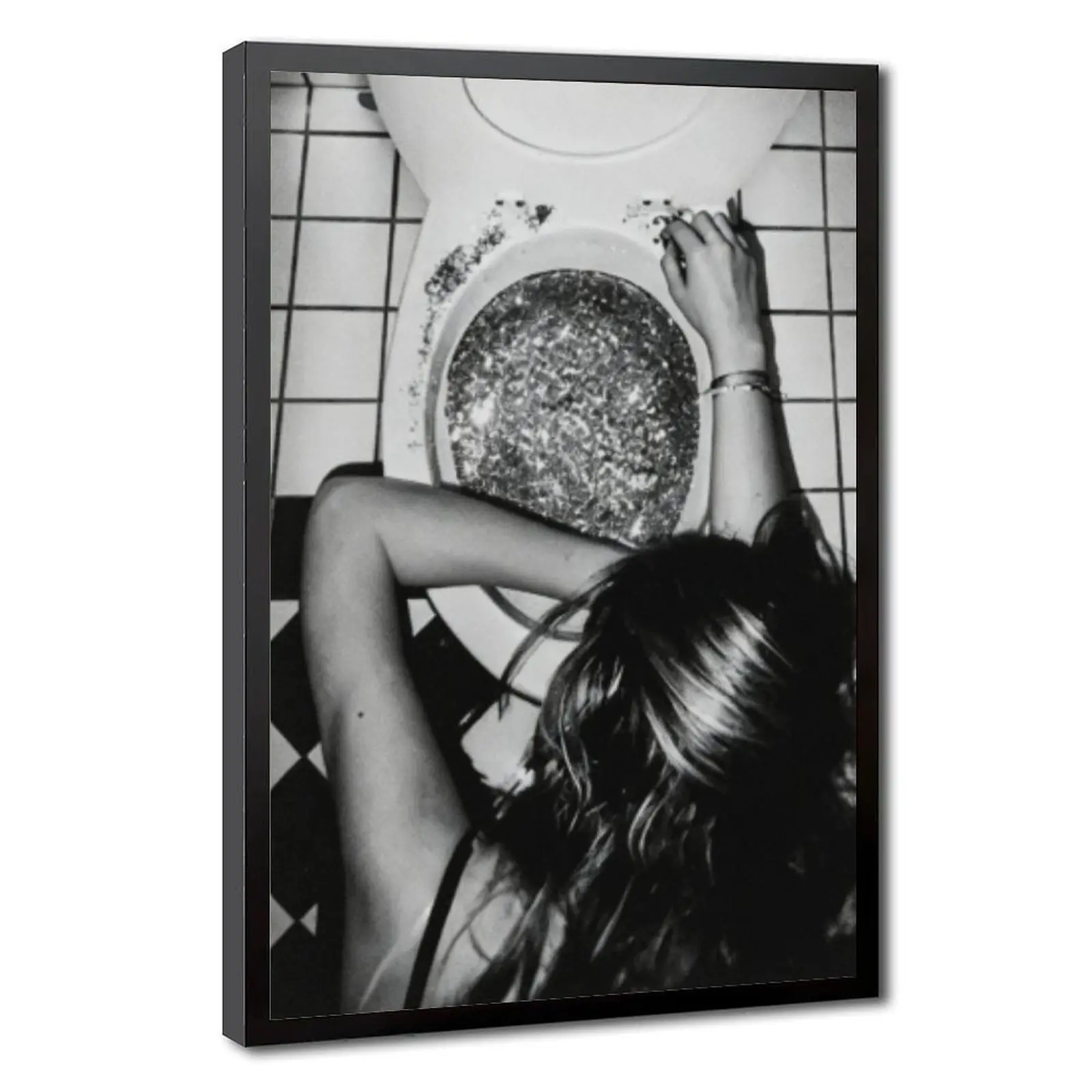 Black White Vintage Grunge Woman Bathroom Canvas Wall Art Glitter Toilet Aesthetic Retro Photography Poster Trendy Dark Style Wall Decor For Restroom Bedroom Indie Room Aesthetic Decoratio