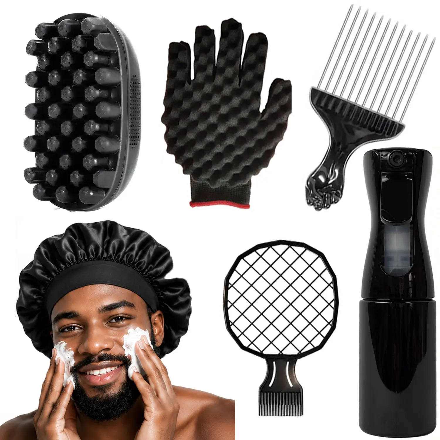 Men's Twist Curl Heatless Styling 6-Piece Set: Includes twist sponge, wave brush, detangling comb, afro pick comb, and spray bottle, designed for defining curls, enhancing wave patterns, and styling natural textured hair for a clean, well-groomed look.