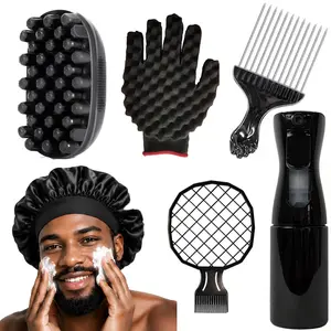 Men's Twist Curl Heatless Styling 6-Piece Set: Includes twist sponge, wave brush, detangling comb, afro pick comb, and spray bottle, designed for defining curls, enhancing wave patterns, and styling natural textured hair for a clean, well-groomed look.