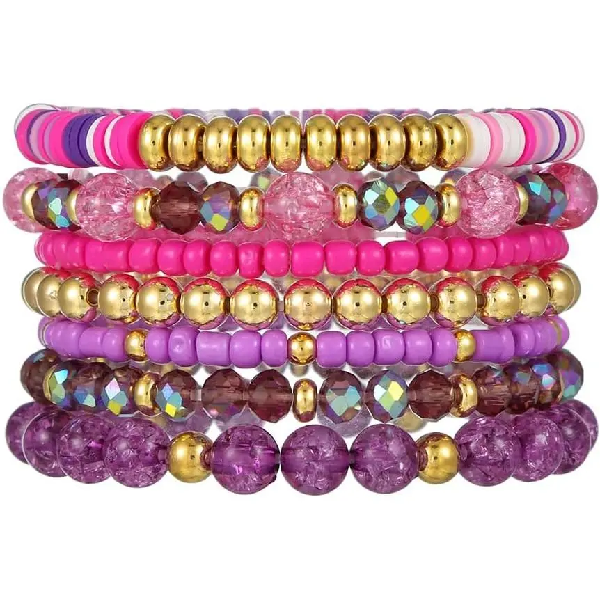 Boho Heishi Clay Beaded Stretch Bracelets Stack For Women, Preppy Teens Friendship  Bracelets Cute Beach Surfer Accessories Bulk Set Trendy Fashion