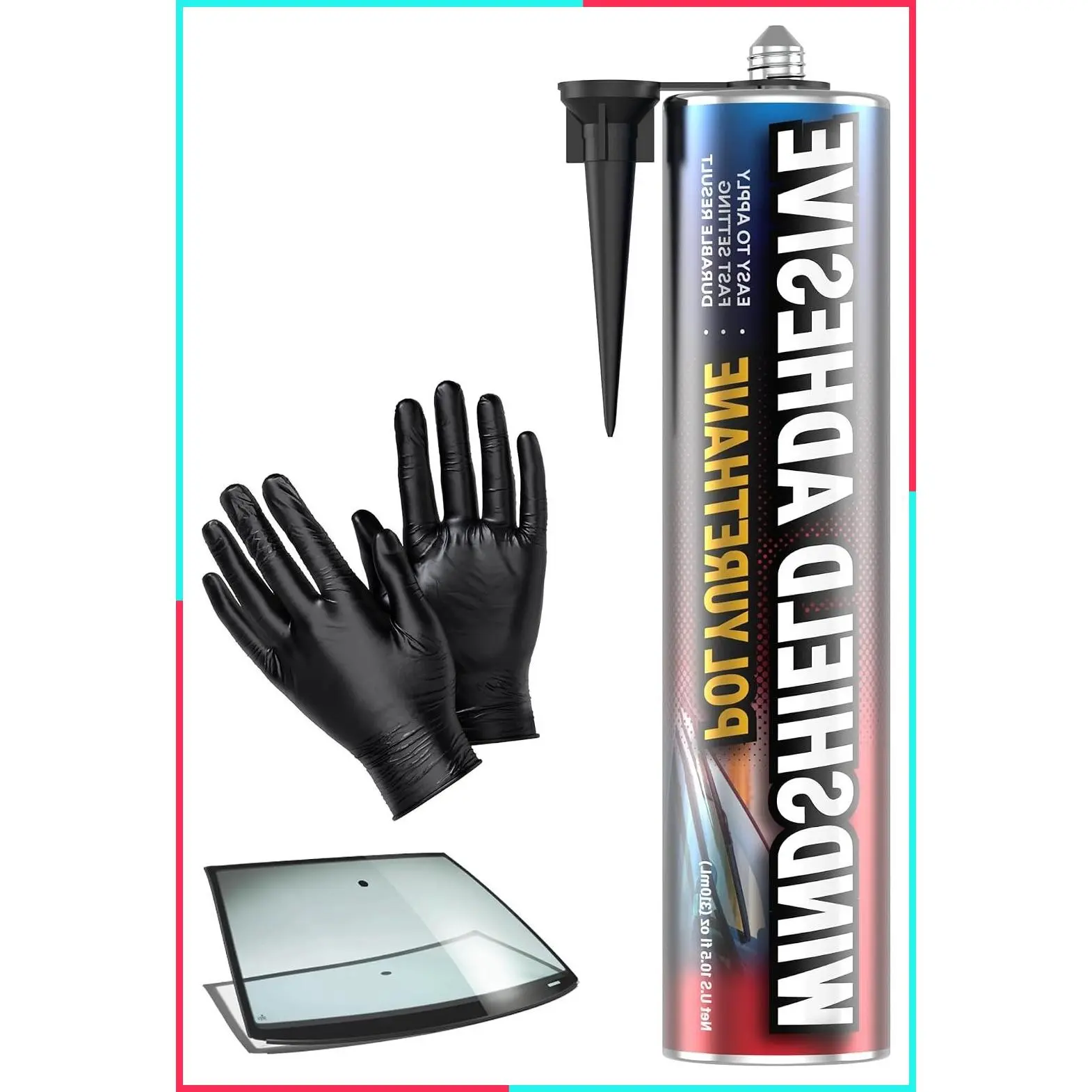 Quick Curing Urethane Windshield Adhesive - Weather Resistant Auto Glass Sealant for Vertical & Overhead Application, Windshield Repair Kit with Gloves, Applicator Tip & Cartridge, 310ml Black