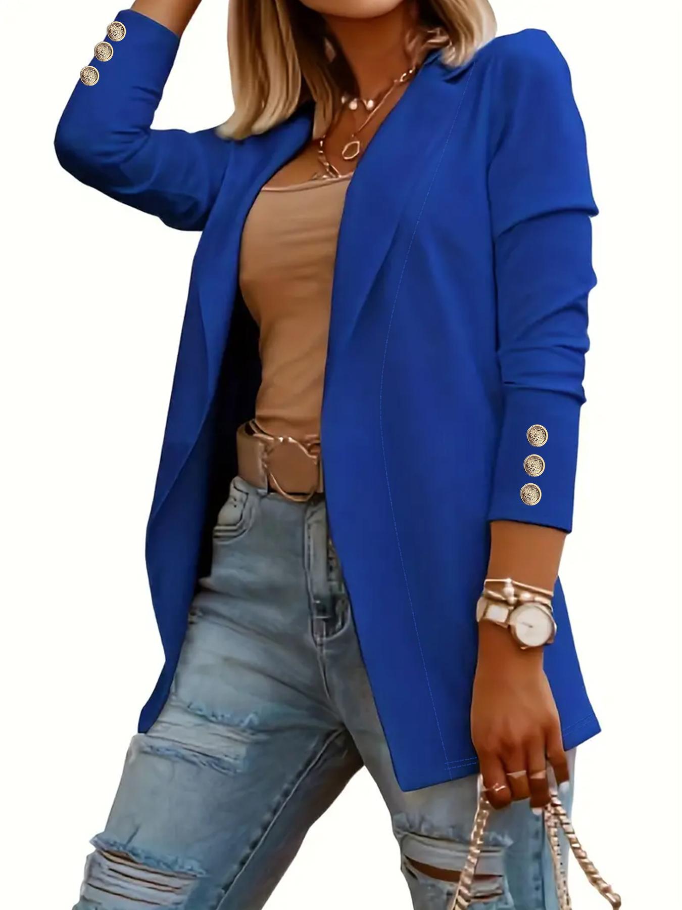 Women's Solid Button Lapel Neck Open Front Fitted Instant Classic Blazer, Casual Long Sleeve Outerwear for Spring & Fall, Ladies Clothes for Work Office Business Womenswear