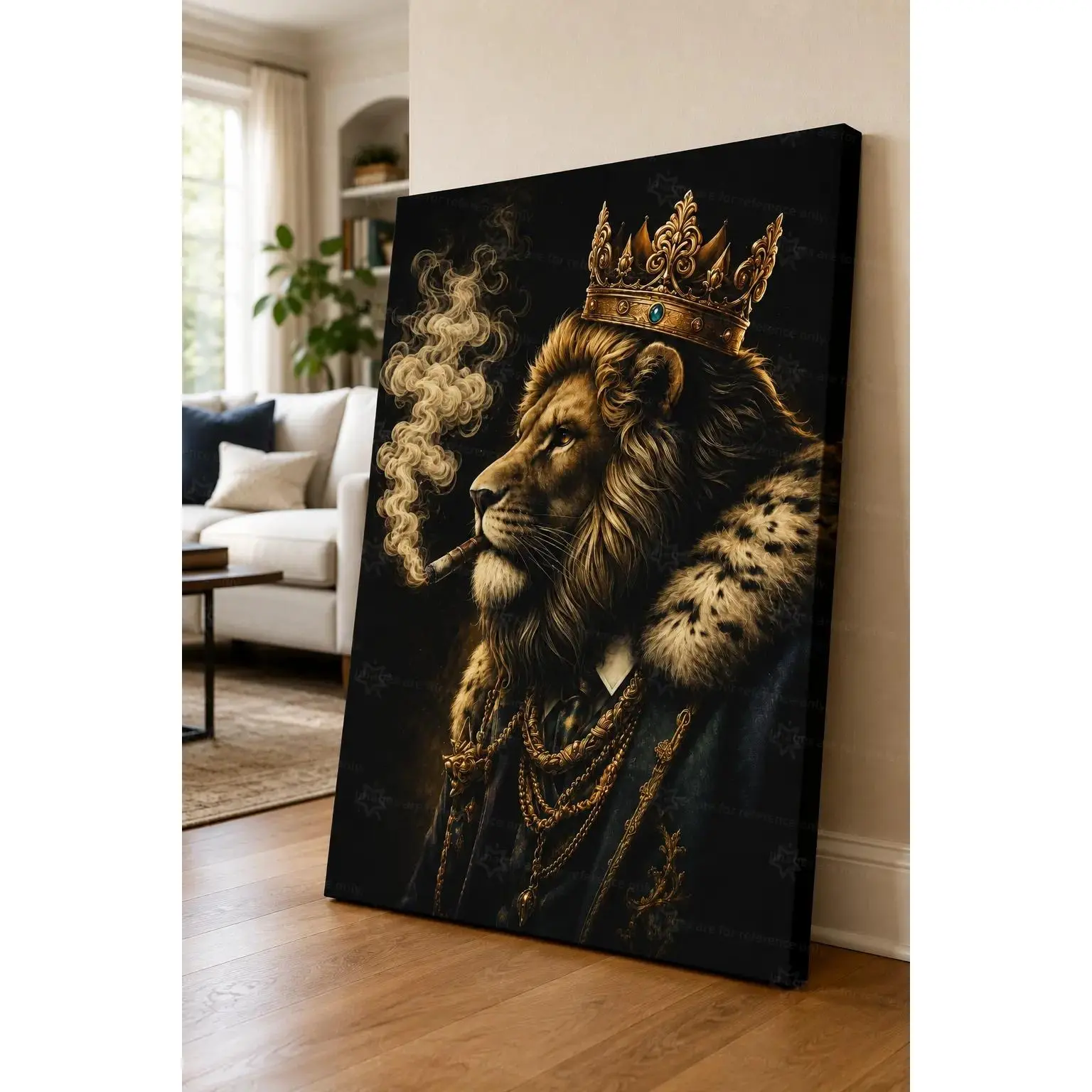 Royal Lion King Portrait Poster - Crowned Lion with Cigar Artistic Hanging Artwork, Luxury Decorative Animal Canvas Wall Decor for Living Room, Man Cave, Regal Modern Home Gift, Metallic, Print