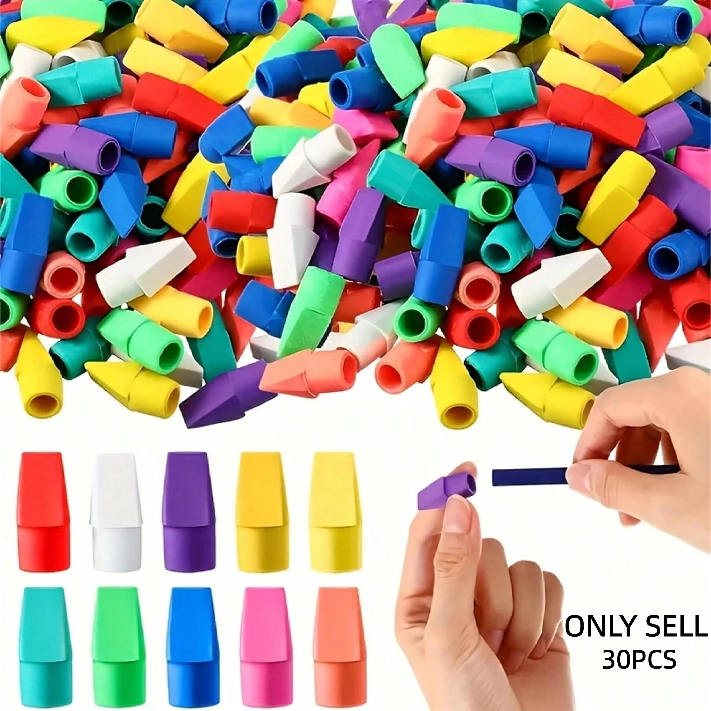 30pcs Colorful Arrow-Shaped Pencil Erasers, Synthetic Rubber Cap Erasers, Ideal for School and Office Supplies, Non-Sponge Material