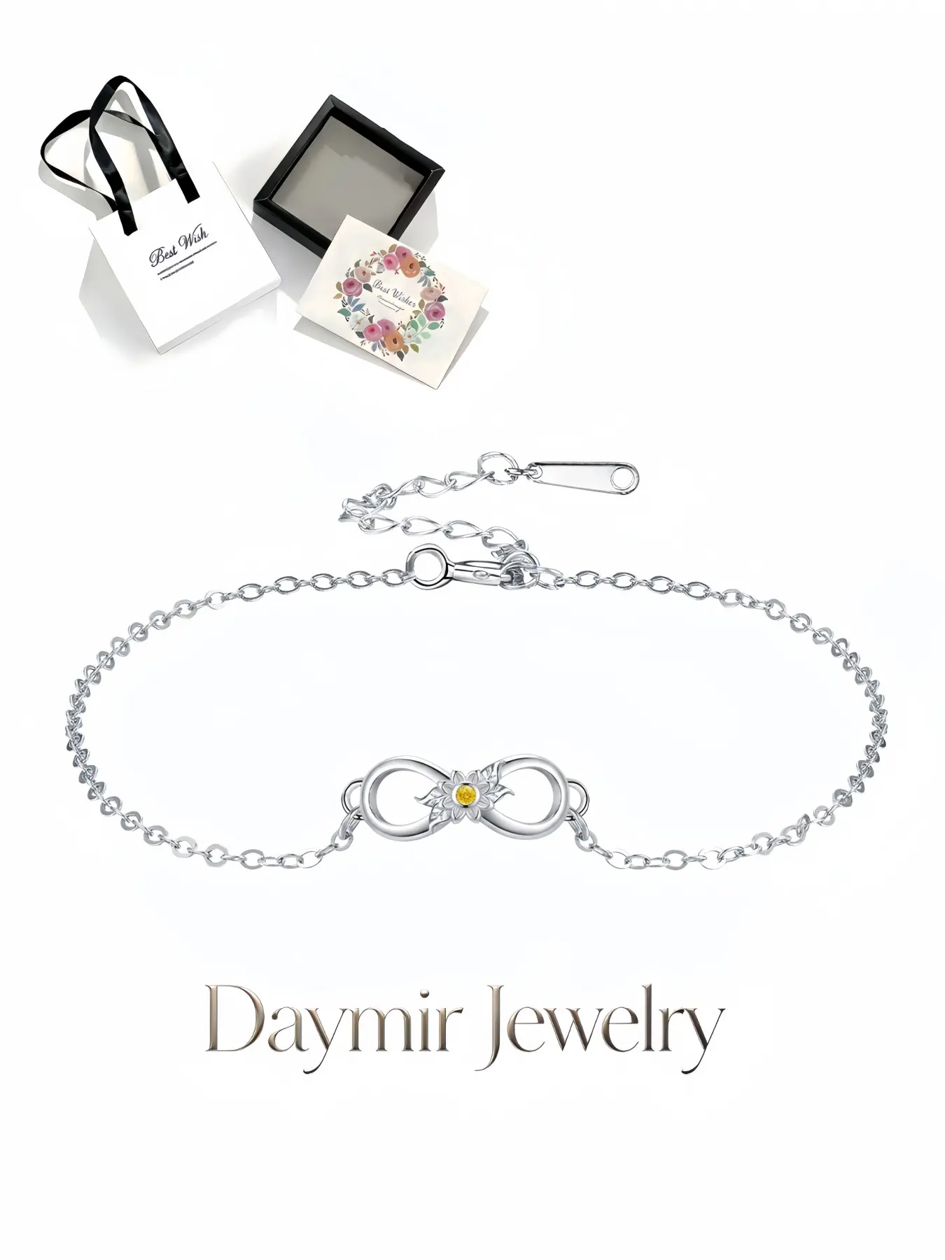 Daisy Infinity Silver Bracelet, chic fade-resistant daisy jewelry for women. It comes with an elegant drawer jewelry box, ideal gifts for birthdays, Mother’s Day, Valentine’s Day, Christmas and anniversaries.