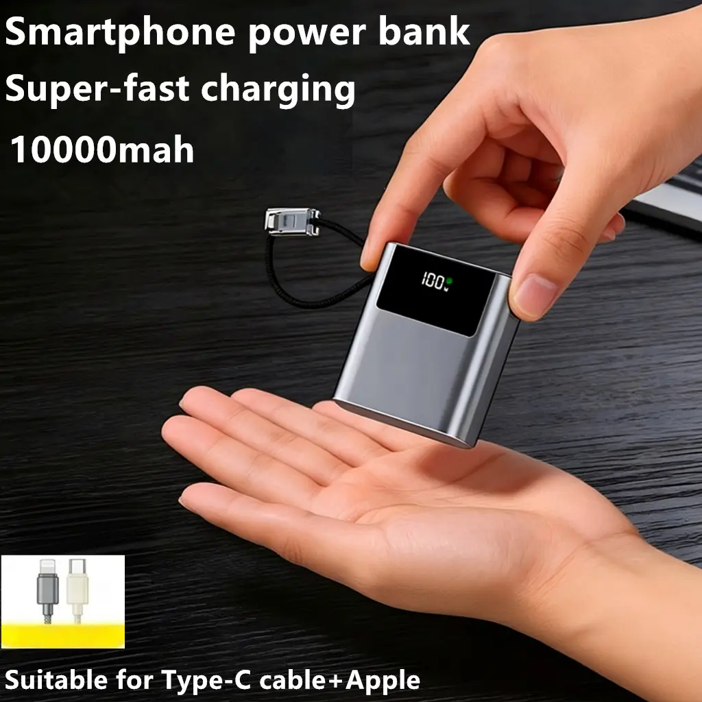 Portable smartphone power bank 10000mAh, rechargeable travel battery pack, multifunctional compact digital display power supply for Android and iPhone devices, rechargeable battery pack power tool