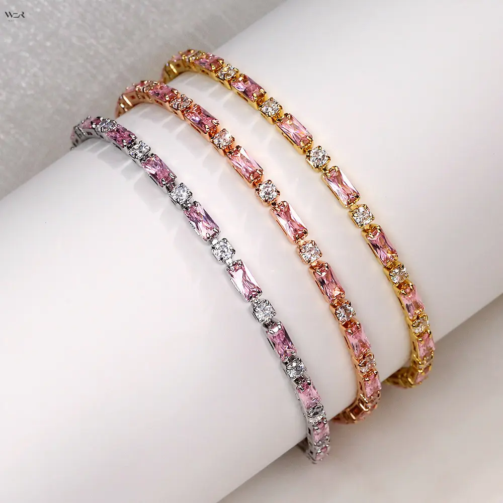Pink Rectangle & Round Cubic Zirconia Tennis Bracelet 3 Finishes Silver Rose Gold Yellow Gold Dainty Thin Crystal Link Wrist Bangle Women Wedding Party Elegant Jewelry Gift