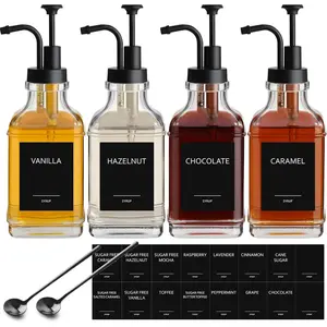 Coffee Syrup Dispenser, Coffee Bar Accessories 16.9 fl oz/500ml, Glass Syrup Dispenser with Pump Dispenser, Labels, Spoons for Coffee Bar, 4 Pack