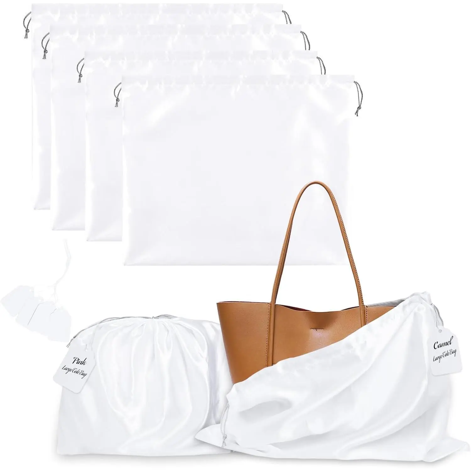 4 Pack Dust Bags for Handbags, Purse Dust Bags for Storage with Drawstring, Satin Handbag Dust Cover Bags for Handbag Purse (White, 2 count, 24 x 20, 2 count, 19.5 x 16)