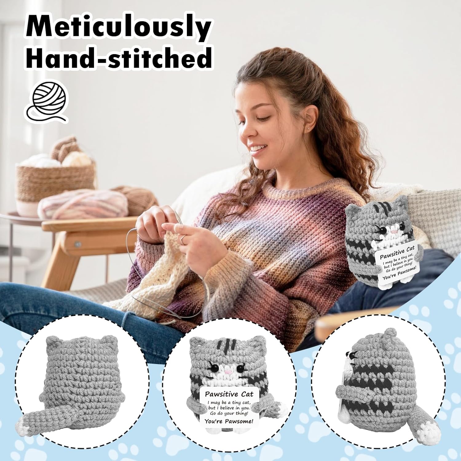 Positive Crochet Cat Mini Animal Emotional Cheer Up Support Gifts, Funny Crochet Mini Handmade Cat for Women Men Friends Mom Daughter Son Teen Birthday Mothers Day Decor Graduation Gifts