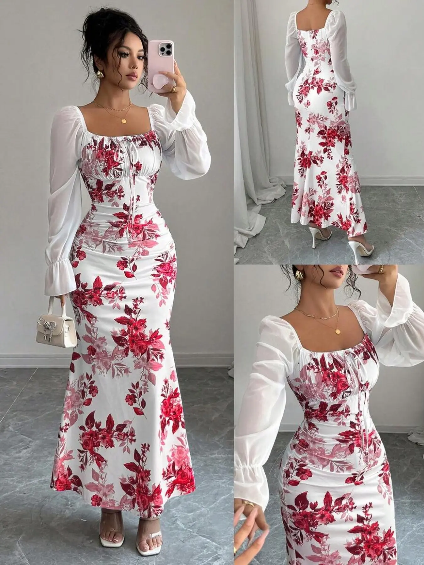 New Women's Square Neck Bow Chiffon Bubble Long Sleeve Floral Dress, Perfect for Dates, Parties, Daily Wear, Slimming Waist, Elegant Youthful, Spring Summer Fall