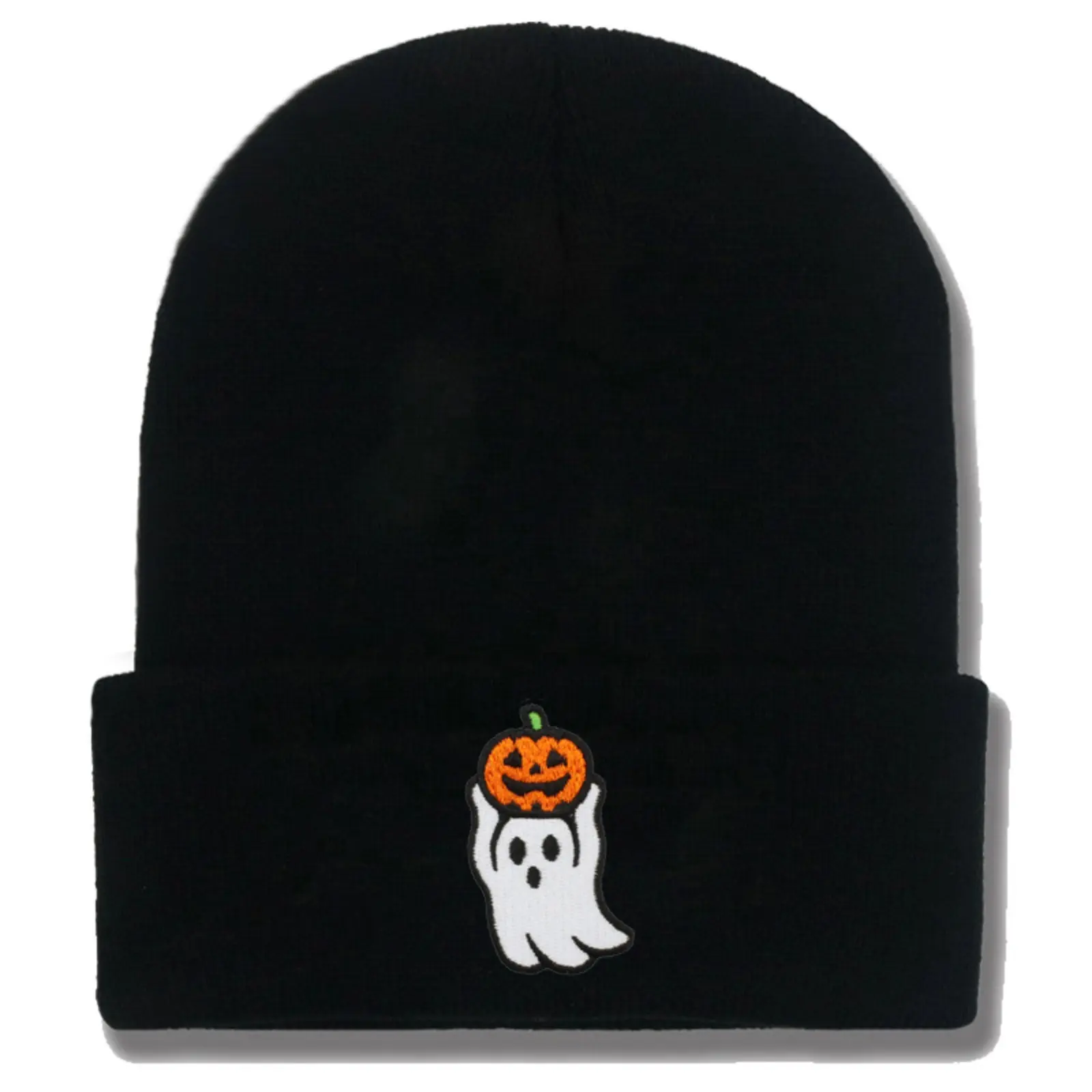 Black Knit Pumpkin Ghost Beanie Hat - Vintage Embroidered Skull Casual Cap, Soft Warm Winter Toboggan for Costume Party & Daily Wear, Soft Warmth