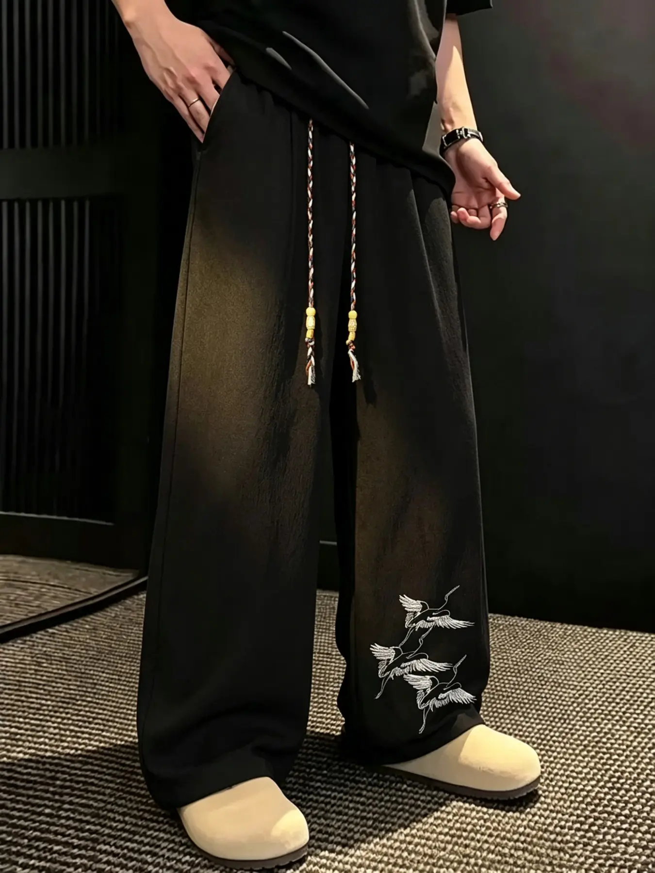 Elegant Crane Embroidered New Traditional Korean Casual Loose Long Pants, Soft Lightweight Fabric, Perfect for Summer and Early Fall Daily Wear, All Seasons Trousers