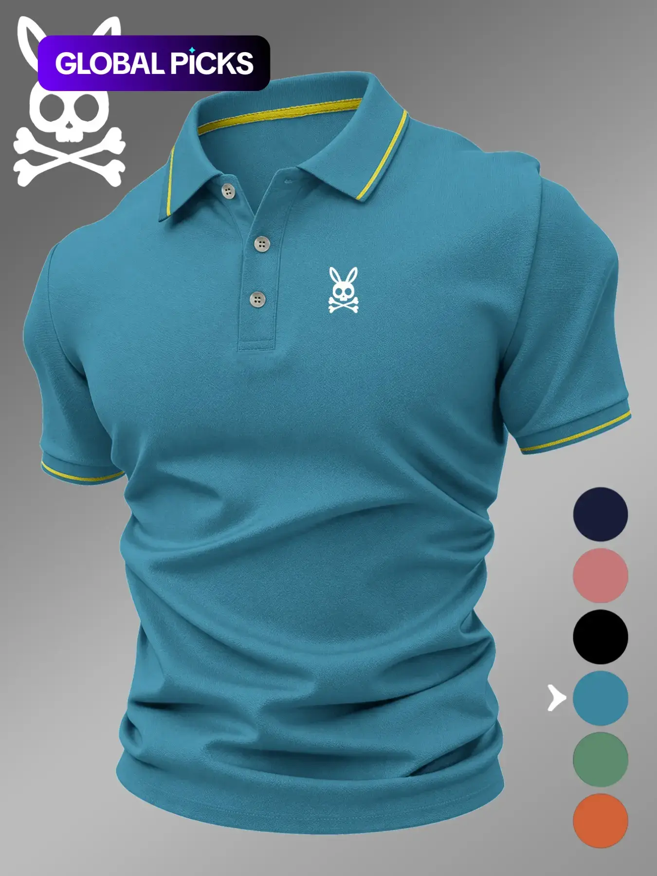 Men's Casual Breathable Skull Rabbit Print Polo Shirt, Elastic Comfortable Durable High-End Polo Top, Buttoned Polo Shirt, Collared Polo Shirt #GLOBAL PICKS