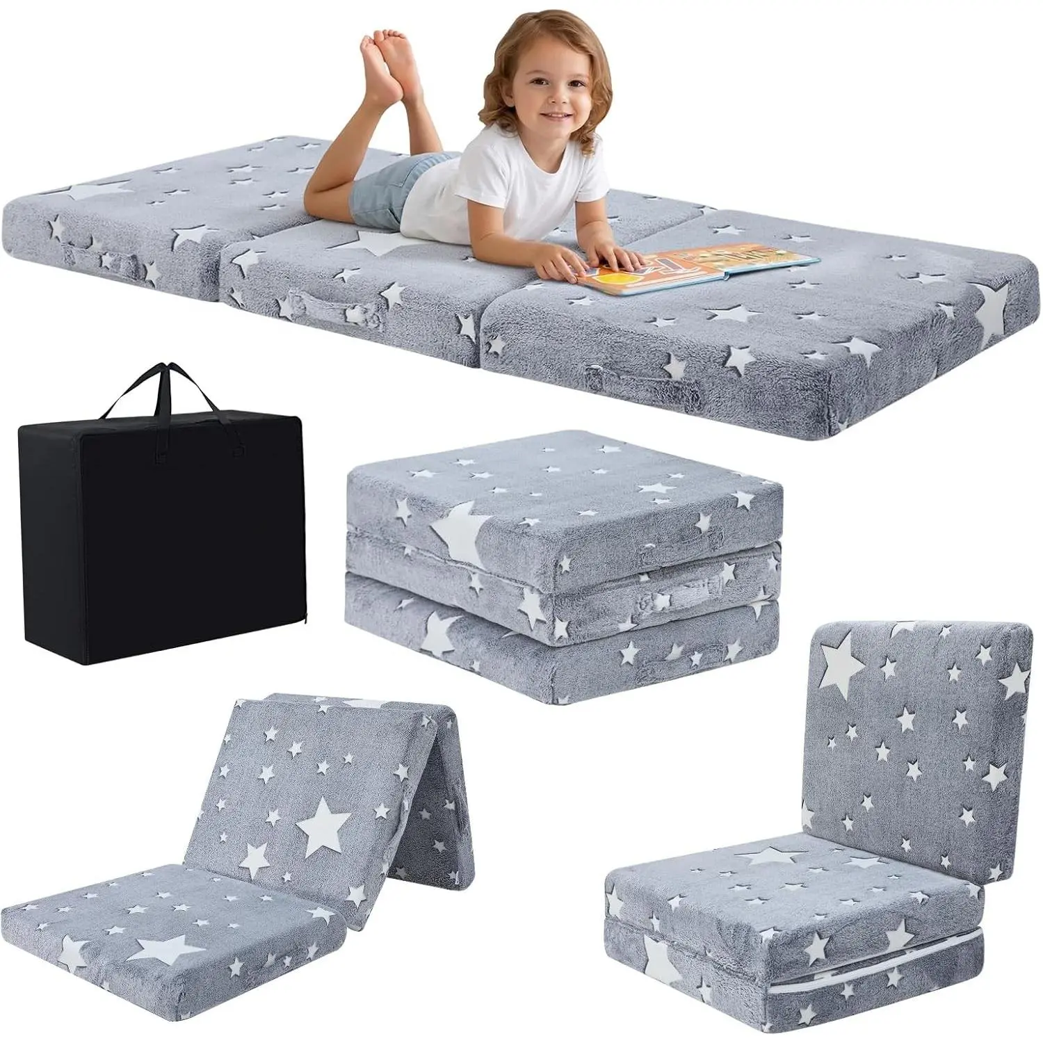 Foldable Floor Mattress for Kids, Glow Star Trifold Mat, Kids Folding Mattress Portable Futon, 57x22 Inch Grey