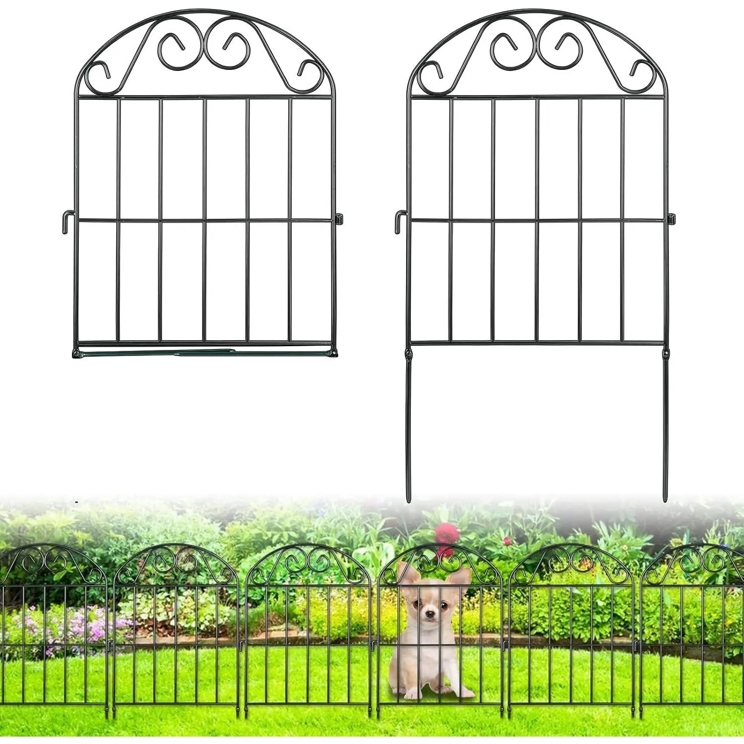 10 Panels Collapsible Arched Garden Fence Animal Barrier, 10ft(L) x 24in(H) Black Rustproof Metal Wire Panel Border for Dogs Rabbits, Flower Edging for Landscape Patio Yard Outdoor Decor