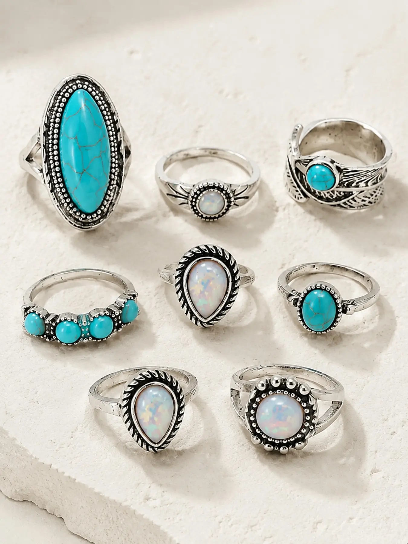 Western Southwestern Turquoise Rings for Women, 8pcs Vintage Silver Color Cowgirl Ring Set, Boho Style Stackable Jewelry, All Seasons