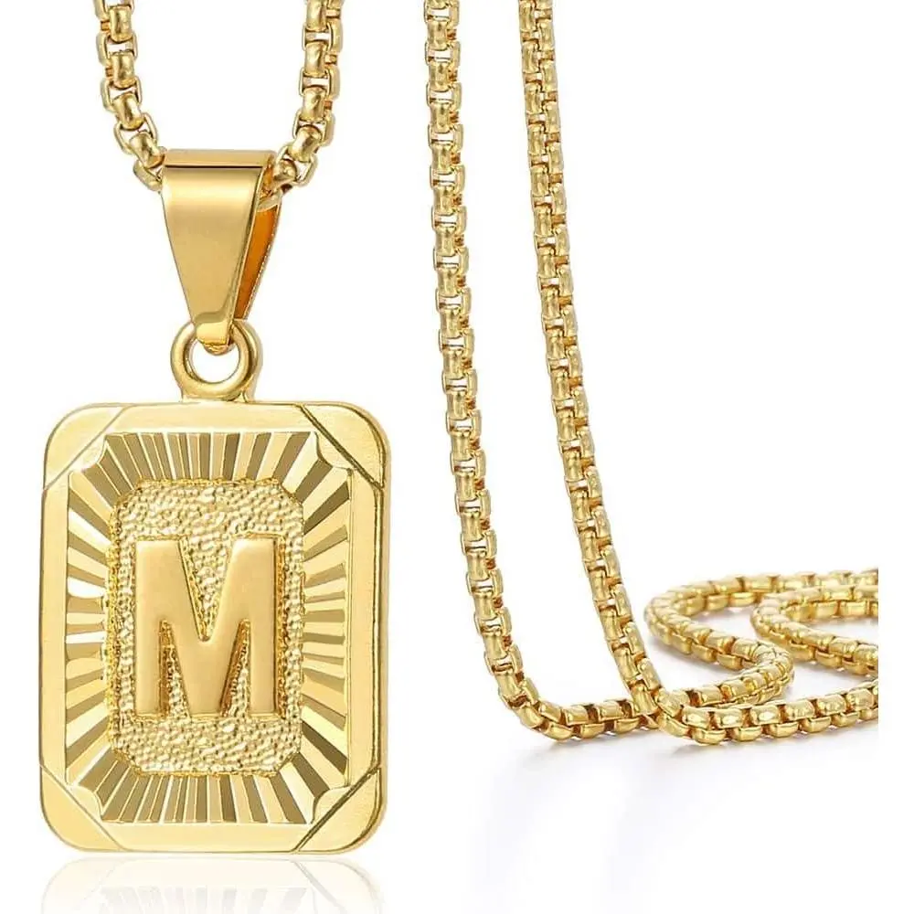 Unisex Capital Letter A-Z Square Pendant Necklace, Nickel-Free Yellow Gold-Plated Stainless Steel Box Chain, 22 in Chain for Daily Wear, 22 Inch Chain
